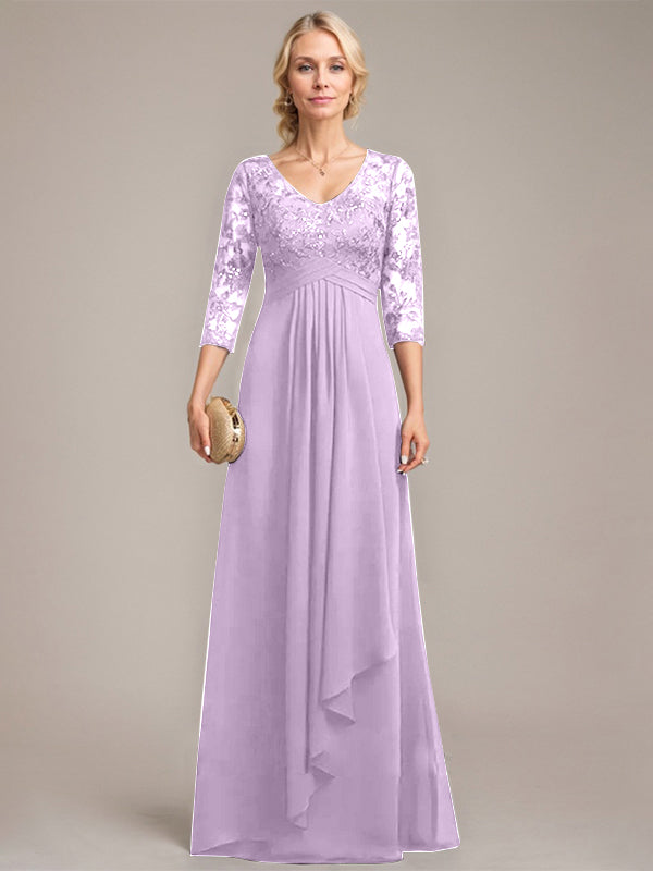 Vestido de madre de la novia de gasa con encaje, escote en V, largo hasta el suelo, con volantes en cascada y lentejuelas