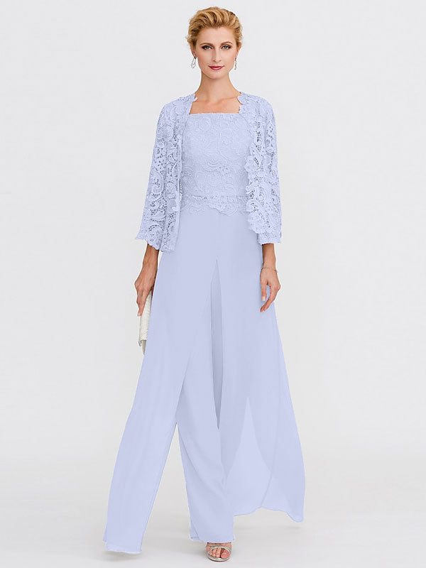 3-teiliger Chiffon-Hosenanzug mit quadratischem Ausschnitt und Jacke für die Mutter der Braut 