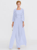 3-teiliger Chiffon-Hosenanzug mit quadratischem Ausschnitt und Jacke für die Mutter der Braut 