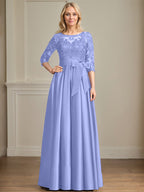 Vestido de madre de la novia de satén con encaje, corte A, escote ilusión, largo hasta el suelo, con lazo de lentejuelas