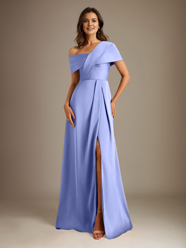 A-Line Asymmetrical Neckline Floor-Length Satin Mother of the Bride Dress With Pleated