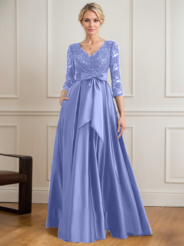 A-Linie V-Ausschnitt Bodenlanges Satin-Spitzenkleid für die Brautmutter mit Paillettenschleife 