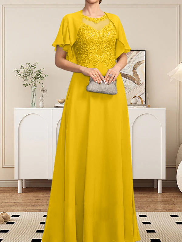 Vestido de gasa con encaje y lentejuelas para madre de la novia, corte A, escote ilusión, largo hasta el suelo