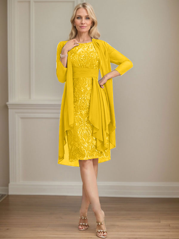 Vestido de madre de la novia de gasa con encaje, escote redondo, ilusión, largo hasta la rodilla, con volantes en cascada y lentejuelas