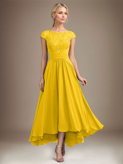 A-line Scoop Illusion Asymmetrical Lace Chiffon Mother of the Bride Dress With Pleated