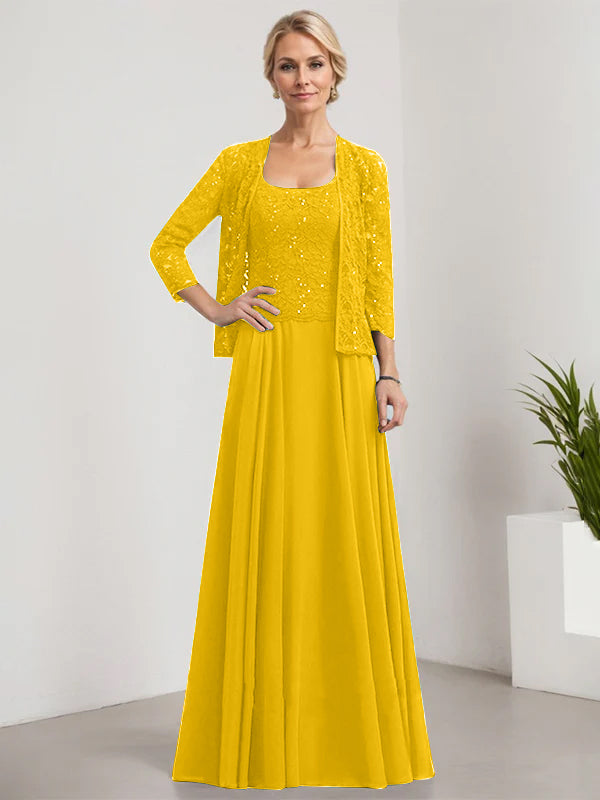 Vestido de madre de la novia de gasa con encaje, corte A, largo hasta el suelo, cuadrado y lentejuelas