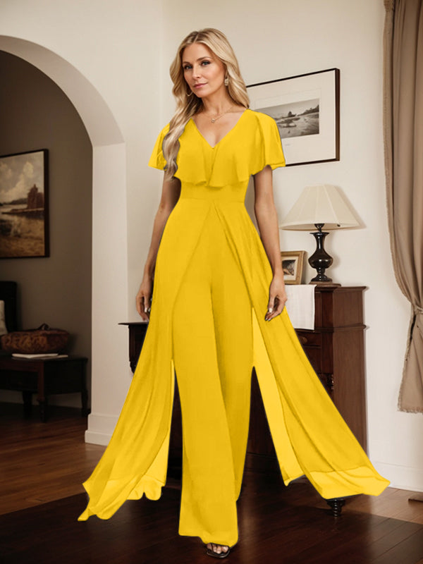 Vestido de noche de gasa con escote en V y largo hasta el suelo, tipo mono/pantalón