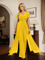Vestido de noche de gasa con escote en V y largo hasta el suelo, tipo mono/pantalón