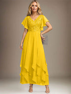 Vestido de gasa con encaje y escote en V hasta los tobillos para madre de la novia con volantes en cascada