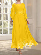 Vestido de gasa con encaje y lentejuelas para madre de la novia, corte A, escote ilusión, largo hasta los tobillos