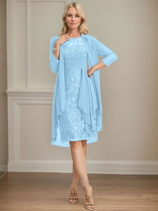 Vestido de madre de la novia de gasa con encaje, escote redondo, ilusión, largo hasta la rodilla, con volantes en cascada y lentejuelas