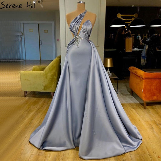Hellblaues Meerjungfrau-Abendkleid mit einer Schulter 2025 aus Satin mit ärmelloser Perlenstickerei und Schnürung, formelles Kleid LA70578 