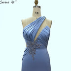 Hellblaues Meerjungfrau-Abendkleid mit einer Schulter 2025 aus Satin mit ärmelloser Perlenstickerei und Schnürung, formelles Kleid LA70578 