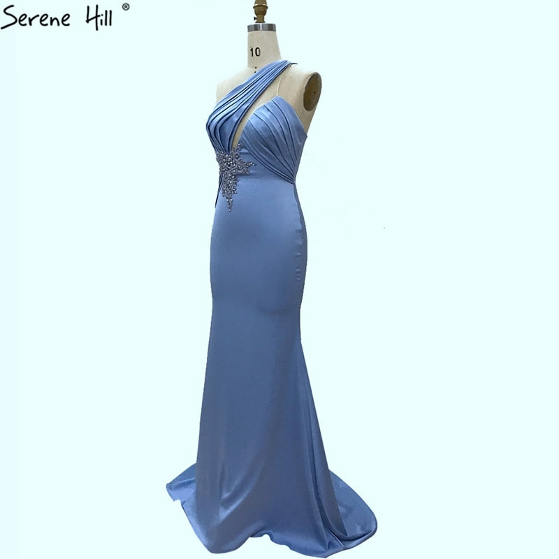Hellblaues Meerjungfrau-Abendkleid mit einer Schulter 2025 aus Satin mit ärmelloser Perlenstickerei und Schnürung, formelles Kleid LA70578 
