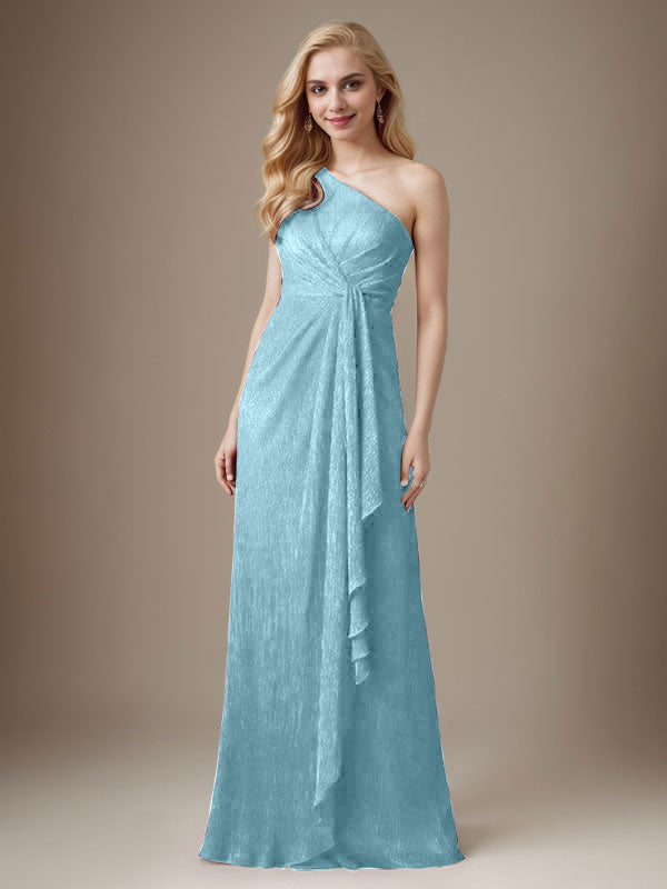 Vestido de madre de la novia con un solo hombro de malla metálica y corte rubí