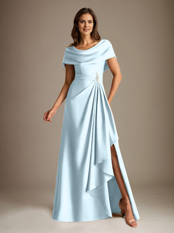 Vestido de madre de la novia de satén elástico, corte A, largo hasta el suelo, con escote redondo y volantes en cascada