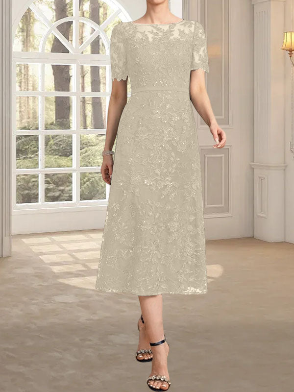 Vestido de madre de la novia de encaje con lentejuelas, corte A, escote ilusión y largo hasta la rodilla