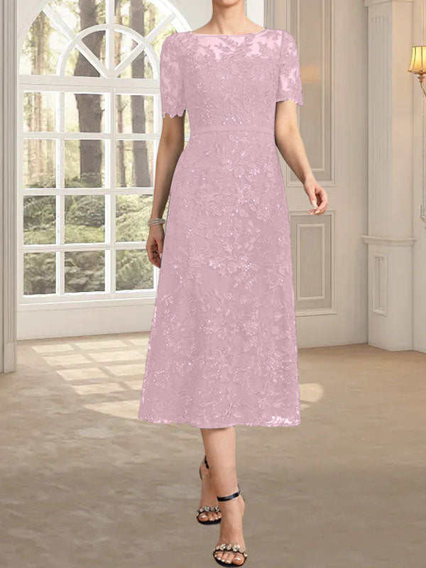 Vestido de madre de la novia de encaje con lentejuelas, corte A, escote ilusión y largo hasta la rodilla