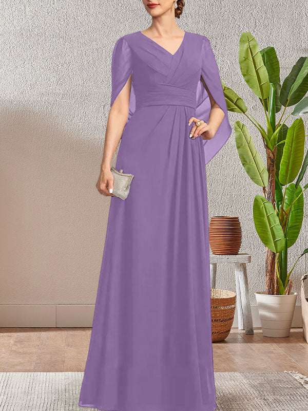 Vestido largo azul marino oscuro con escote en V y corte A para madre de la novia