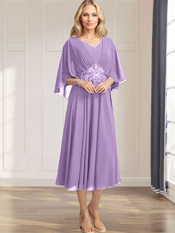 A-Linie V-Ausschnitt Wadenlanges Chiffonkleid für die Brautmutter mit plissierten Paillettenapplikationen Spitzenbesatz 