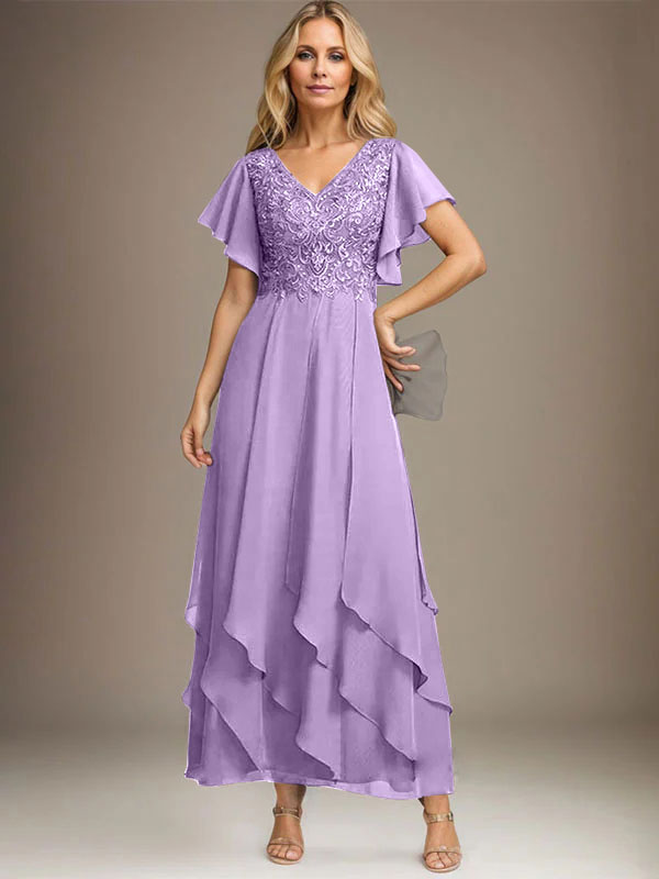 Vestido de gasa con encaje y escote en V hasta los tobillos para madre de la novia con volantes en cascada