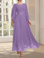 Vestido de gasa con encaje y lentejuelas para madre de la novia, corte A, escote ilusión, largo hasta los tobillos