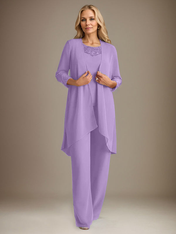 Trajes de gasa con mangas largas y escote redondo para madre de la novia con chaqueta