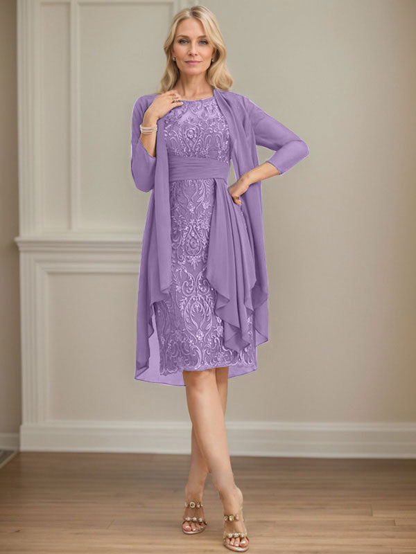 Vestido de madre de la novia de gasa con encaje, escote redondo, ilusión, largo hasta la rodilla, con volantes en cascada y lentejuelas