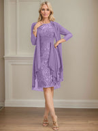 Vestido de madre de la novia de gasa con encaje, escote redondo, ilusión, largo hasta la rodilla, con volantes en cascada y lentejuelas