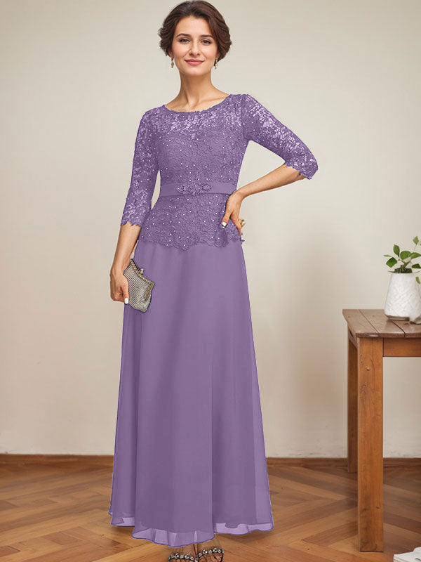 Vestido de gasa con encaje y escote en A, ilusión, largo hasta los tobillos, para madre de la novia con cuentas de diamantes de imitación