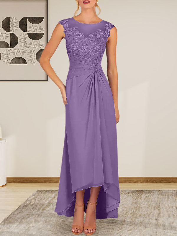 Vestido de gasa con encaje y escote redondo en forma de A color champán