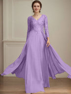 A-Linie V-Ausschnitt Bodenlanges Spitzen-Chiffon-Kleid für die Brautmutter mit Pailletten 