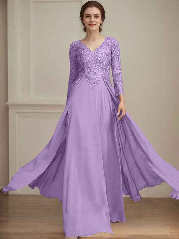 Vestido de madre de la novia de gasa con encaje, escote en V y lentejuelas, largo hasta el suelo