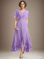 Vestido de madre de la novia de gasa con encaje asimétrico, escote en V y corte A con pliegues