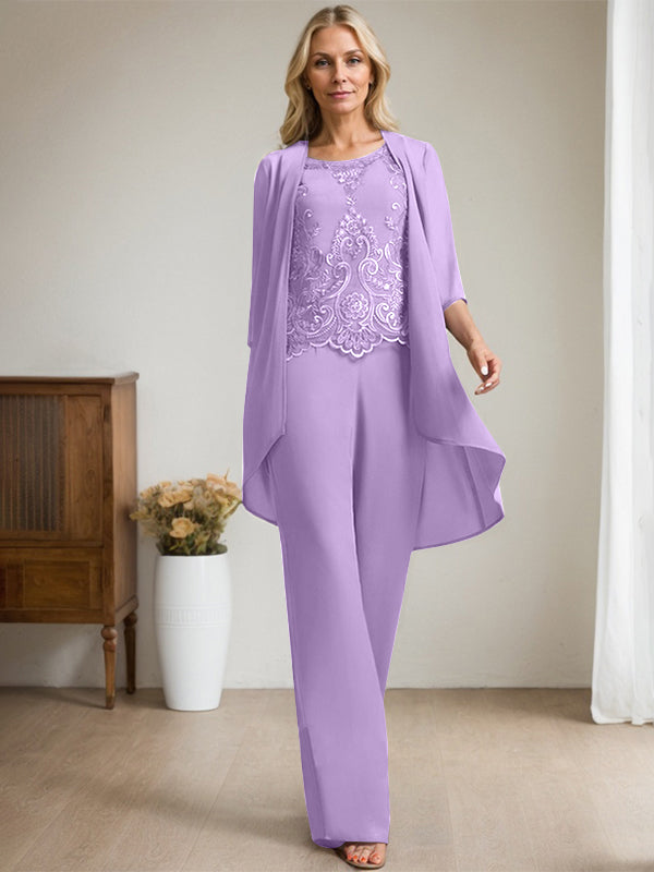 Vestido de madre de la novia de gasa con encaje, escote redondo y lentejuelas y mono/pantalón separado