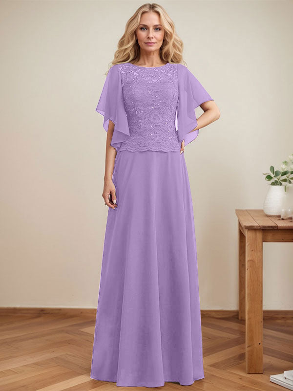 Vestido de gasa con encaje y lentejuelas para madre de la novia, corte A, escote ilusión, largo hasta el suelo