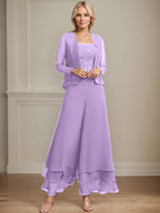Vestido de madre de la novia de gasa con encaje y lentejuelas, largo hasta los tobillos, con mono/pantalón separado