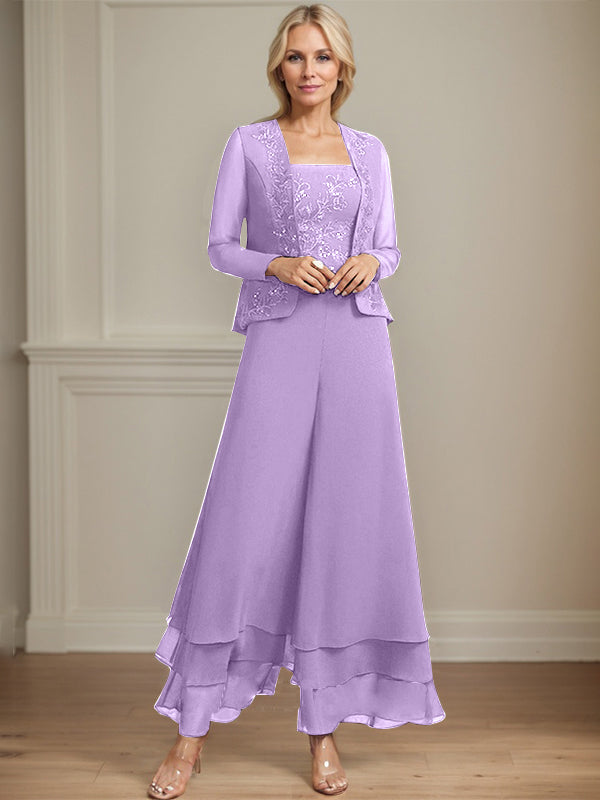 Separates Jumpsuit/Hosenanzug Quadratisches Knöchellanges Spitzenchiffonkleid für die Brautmutter mit Pailletten 