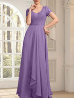 Vestido de madre de la novia de gasa con encaje, corte en A, escote corazón, largo hasta el suelo, con volantes en cascada y cuentas