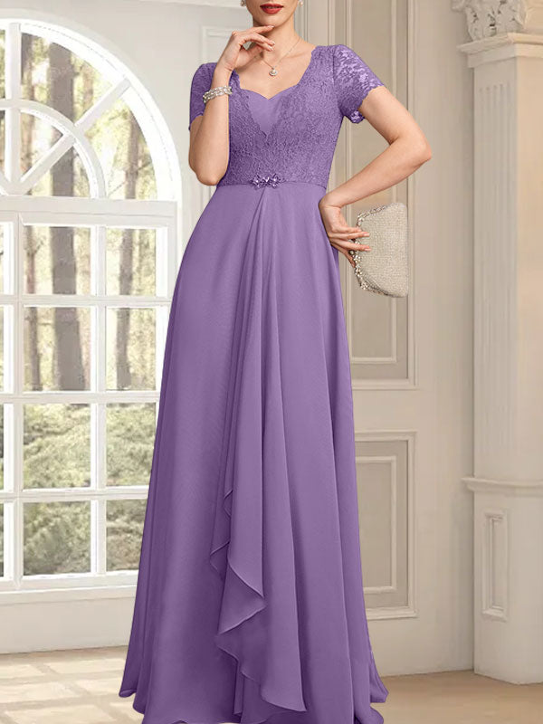 Vestido de madre de la novia de gasa con encaje, corte en A, escote corazón, largo hasta el suelo, con volantes en cascada y cuentas
