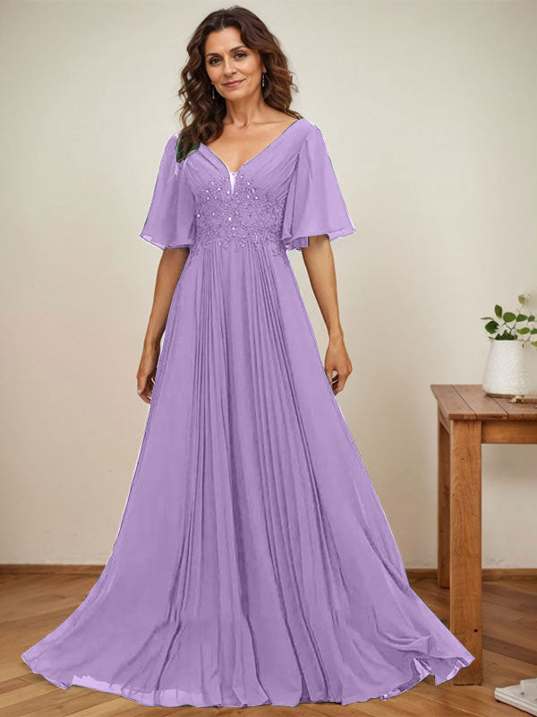 Vestido de gasa para madre de la novia, corte A, escote en V, largo hasta el suelo, con apliques de lentejuelas y encaje plisado