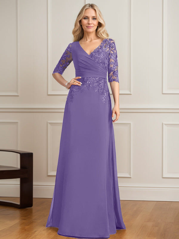 Vestido de madre de la novia de gasa con encaje, escote en V y lentejuelas plisadas hasta el suelo