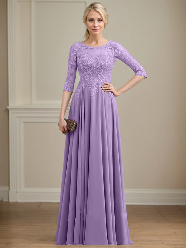 Vestido de gasa con encaje y lentejuelas para madre de la novia, corte A, escote ilusión, largo hasta el suelo