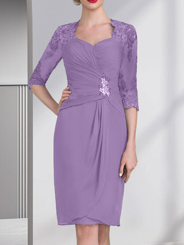 Vestido de gasa para madre de la novia con escote corazón, largo hasta la rodilla, con apliques de cuentas, encaje y lentejuelas plisado.