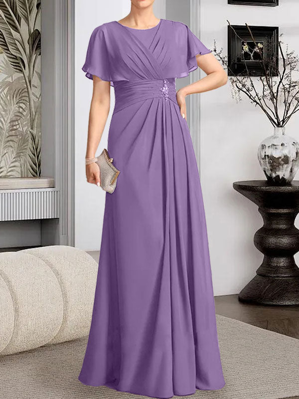 Vestido de gasa para madre de la novia con corte en A, escote redondo y largo hasta el suelo, con cuentas plisadas