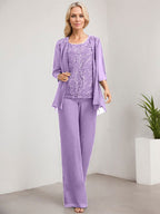Vestido de madre de la novia de gasa con encaje, largo hasta el suelo, con lentejuelas y mono/pantalón separado