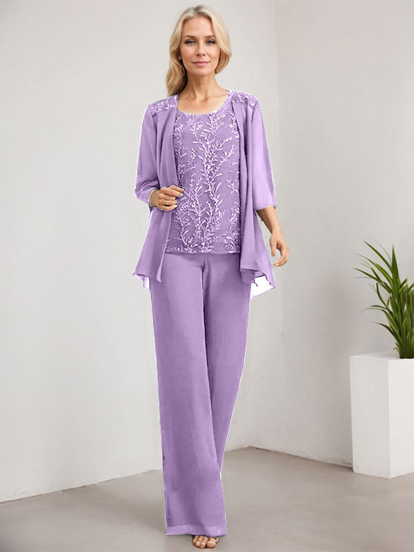 Vestido de madre de la novia de gasa con encaje, largo hasta el suelo, con lentejuelas y mono/pantalón separado