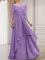 Vestido de gasa con encaje, corte A, escote ilusión, largo hasta el suelo, para madre de la novia con volantes en cascada