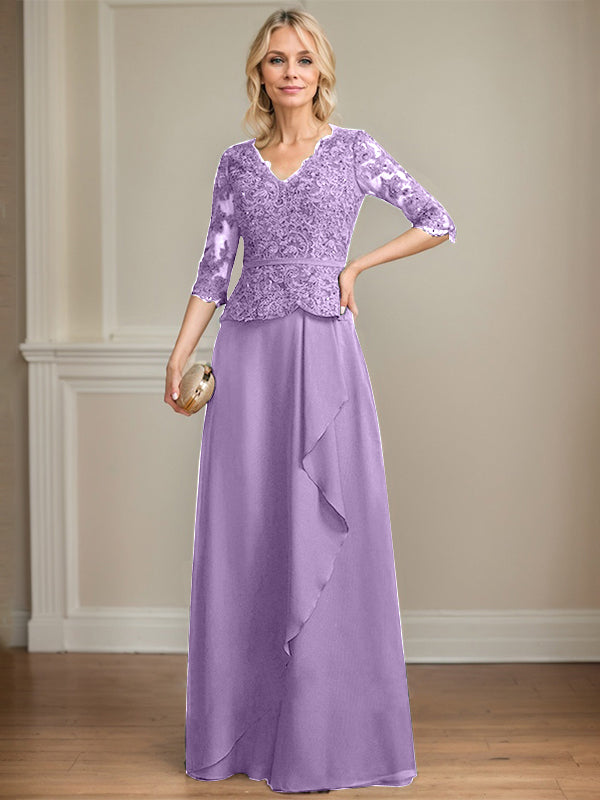 A-Linie V-Ausschnitt Bodenlanges Spitzen-Chiffon-Kleid für die Brautmutter mit kaskadierenden Rüschen und Pailletten 