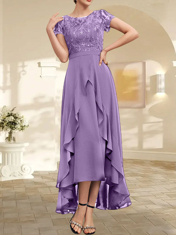 Vestido de madre de la novia de gasa asimétrica con escote en A, ilusión, encaje, lazo, volante y lentejuelas